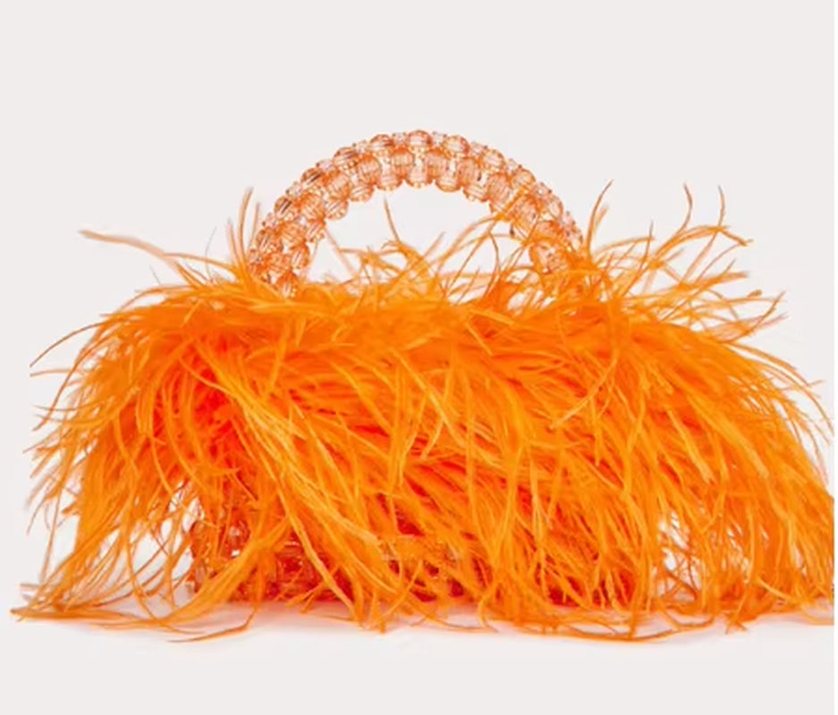 Pearl Bead Bag with Feather Fur Designer Brand Clear Acrylic Crystal Stone Box Tote Handbag Women Handmade Party Purse