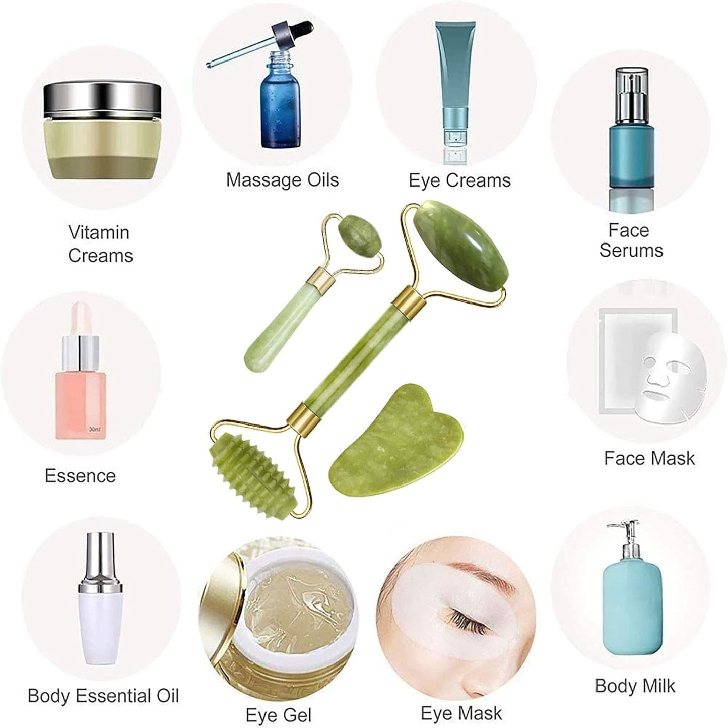 γ3 PcsγJade Roller & Gua Sha Massage Kits, Natural Anti-Aging Face Roller for Eye Puffiness Treatment, Skin Tightening, Rejuvenate Face & Neck, Natural Green Massager