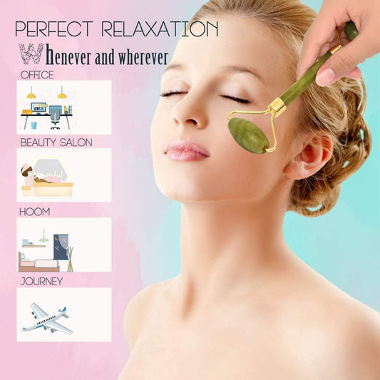 【3 Pcs】Jade Roller & Gua Sha Massage Kits, Natural Anti-Aging Face Roller for Eye Puffiness Treatment, Skin Tightening, Rejuvenate Face & Neck, Natural Green Massager