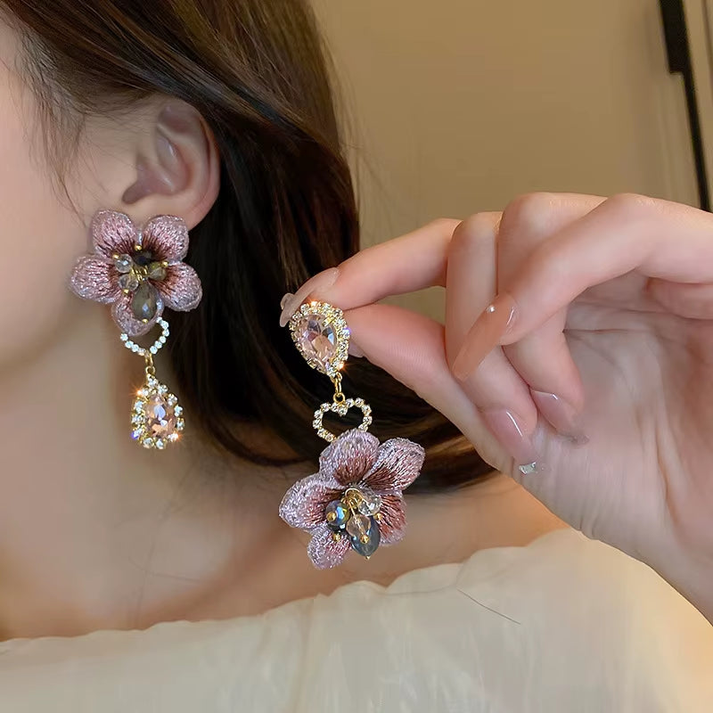 2024 Korean New Asymmetric Water Drop Crystal Flower Earrings Fashion Temperament Sweet Versatile Earrings Female Jewelry