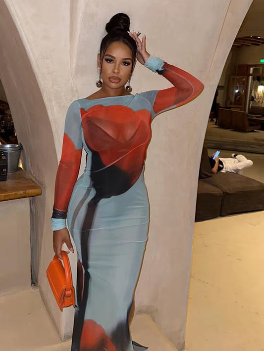 See through Dress Women Rose Print Sexy Mesh Summer Trend Skinny Elastic Long Sleeve Side Split Maxi Bodycon Vestidos