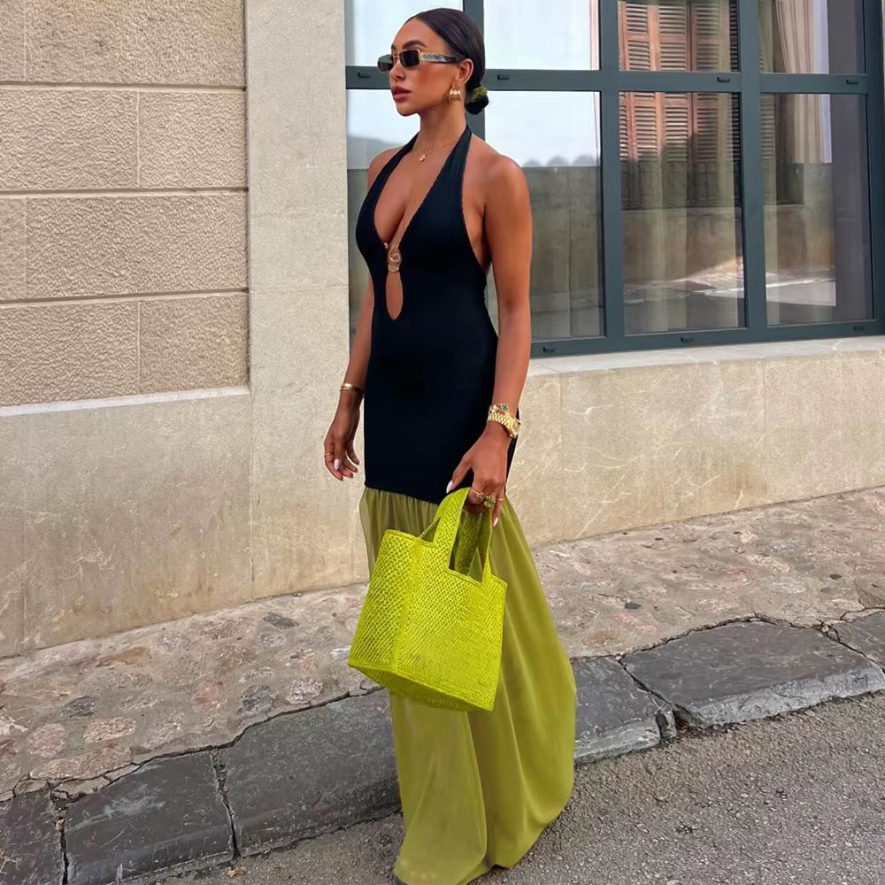 Sexy Halter Backless Cut Out Maxi Dress Women Sleeveless Patchwork Casual Long Party Vestido 2024 Spring Fall Y2K Clothes