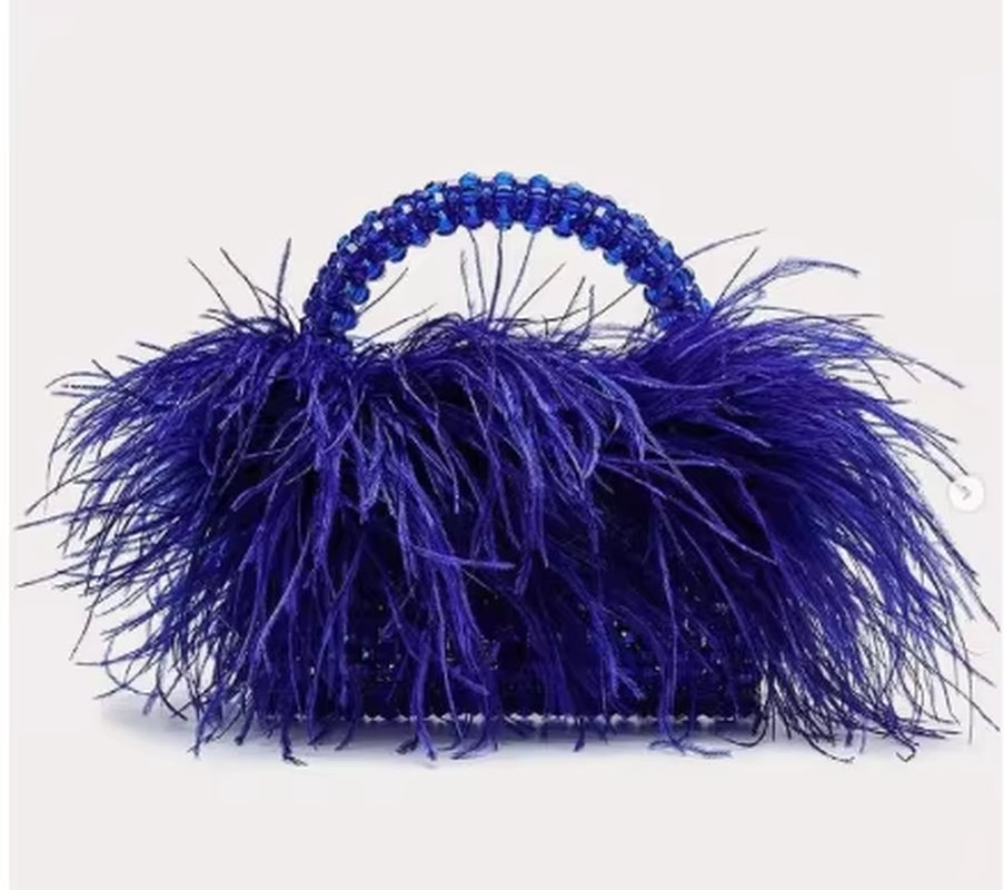 Pearl Bead Bag with Feather Fur Designer Brand Clear Acrylic Crystal Stone Box Tote Handbag Women Handmade Party Purse