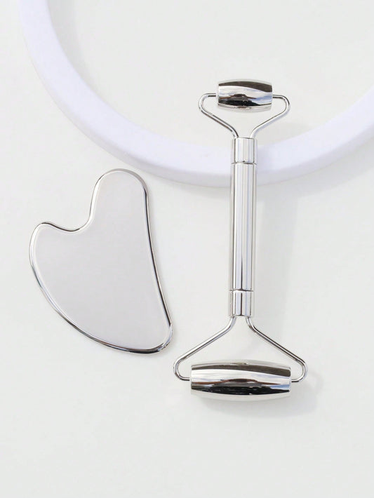 2Pcs/Set Metal Dual Head Face Massage Roller and Heart-Shaped Gua Sha Set - Anti-Aging, Skin Tightening Massage Tools for Face Care and Cellulite Reduction