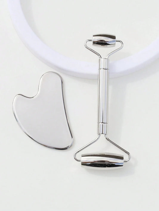 2Pcs/Set Metal Dual Head Face Massage Roller and Heart-Shaped Gua Sha Set - Anti-Aging, Skin Tightening Massage Tools for Face Care and Cellulite Reduction