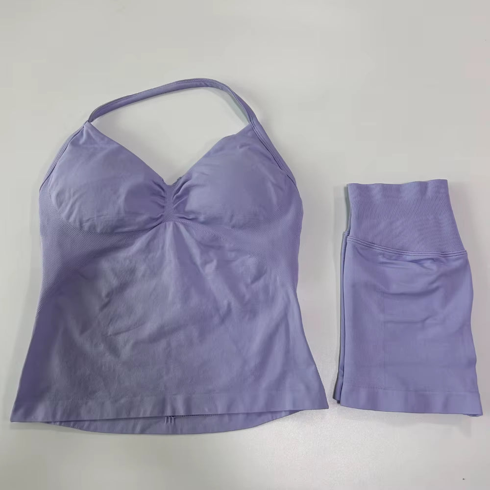 2Pcs Impact Gym Set Women Backless Tank Tops High Waist Scrunch Seamless Shorts Gym Suit Fitness Clothes Activewear Workout Sets