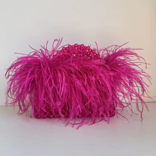 Pearl Bead Bag with Feather Fur Designer Brand Clear Acrylic Crystal Stone Box Tote Handbag Women Handmade Party Purse