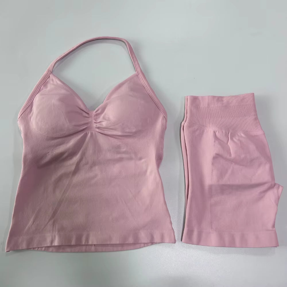 2Pcs Impact Gym Set Women Backless Tank Tops High Waist Scrunch Seamless Shorts Gym Suit Fitness Clothes Activewear Workout Sets
