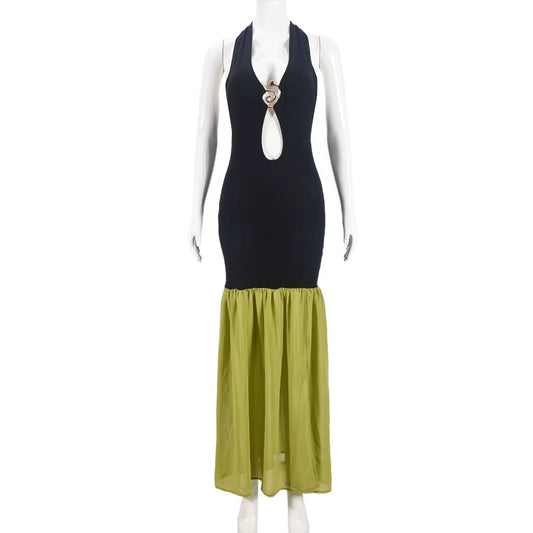 Sexy Halter Backless Cut Out Maxi Dress Women Sleeveless Patchwork Casual Long Party Vestido 2024 Spring Fall Y2K Clothes