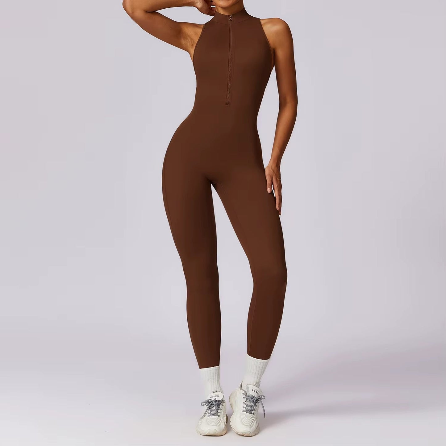 V Back One-Piece Suit Women Sports Jumpsuit Zippers Yoga Rompers Backless Sportswear Women Sleeveles Workout Bodysuits Female