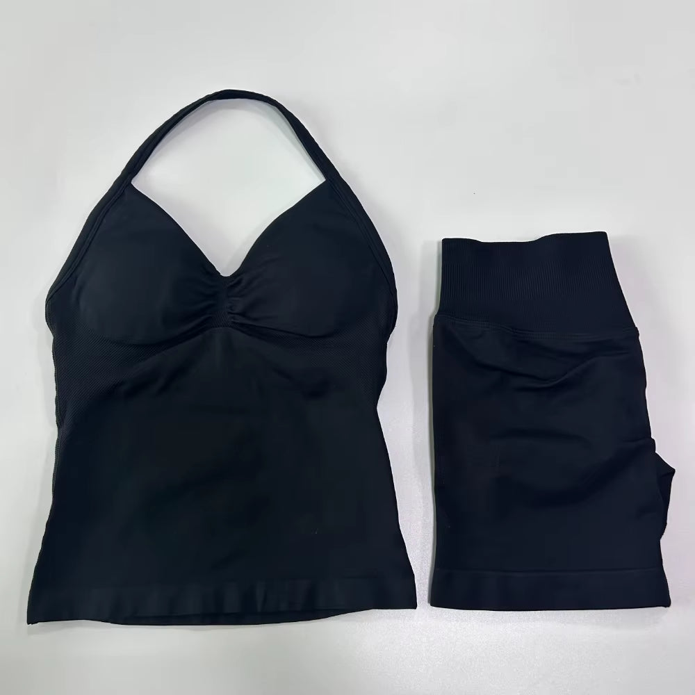 2Pcs Impact Gym Set Women Backless Tank Tops High Waist Scrunch Seamless Shorts Gym Suit Fitness Clothes Activewear Workout Sets