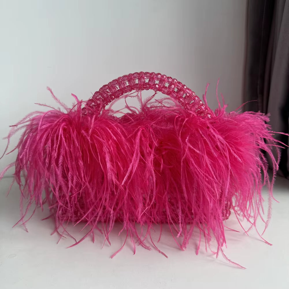 Pearl Bead Bag with Feather Fur Designer Brand Clear Acrylic Crystal Stone Box Tote Handbag Women Handmade Party Purse