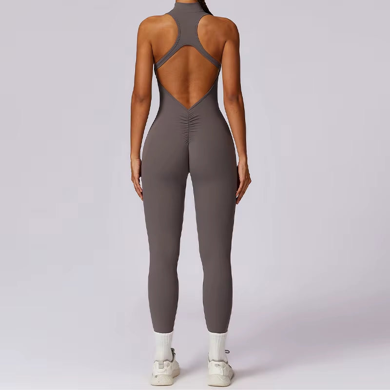 V Back One-Piece Suit Women Sports Jumpsuit Zippers Yoga Rompers Backless Sportswear Women Sleeveles Workout Bodysuits Female