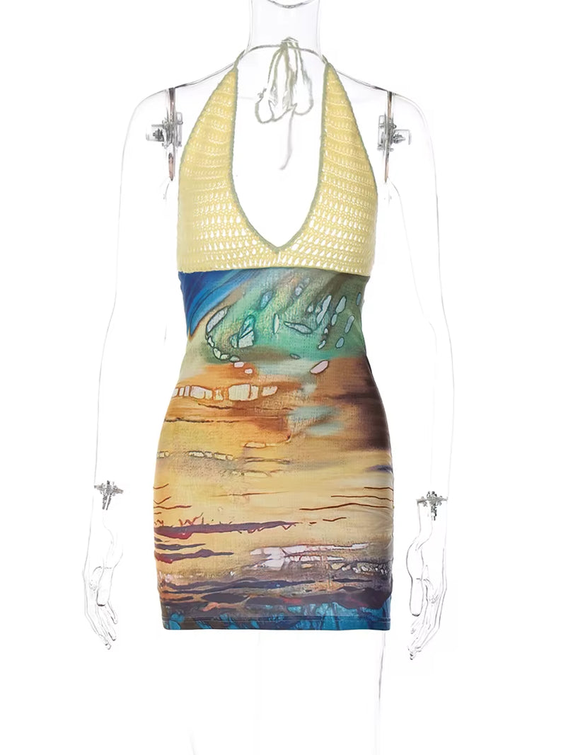 2024 Spring Halter Knitted Scenery Print Backless Lace up Sexy Mini Dress Women Fashion Clothes Beach Vacation Party