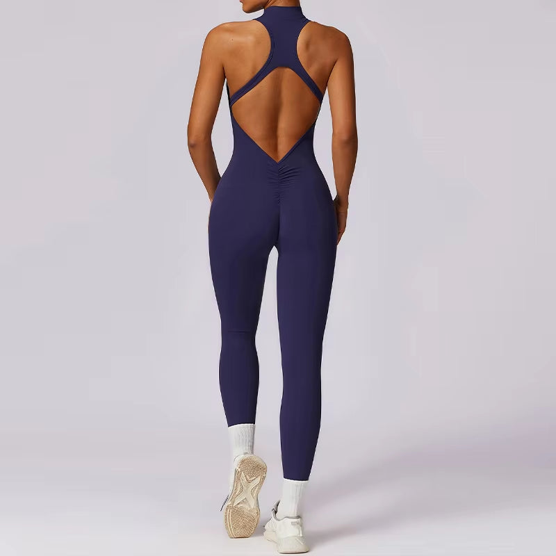 V Back One-Piece Suit Women Sports Jumpsuit Zippers Yoga Rompers Backless Sportswear Women Sleeveles Workout Bodysuits Female
