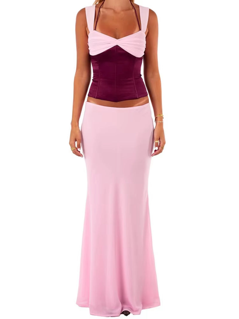 Patchwork Sexy Spaghetti Strap Two Piece Sets Women Skirt Suit Backless Top Long Skirt Spring Slim Elegant Streetwear