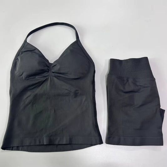 2Pcs Impact Gym Set Women Backless Tank Tops High Waist Scrunch Seamless Shorts Gym Suit Fitness Clothes Activewear Workout Sets