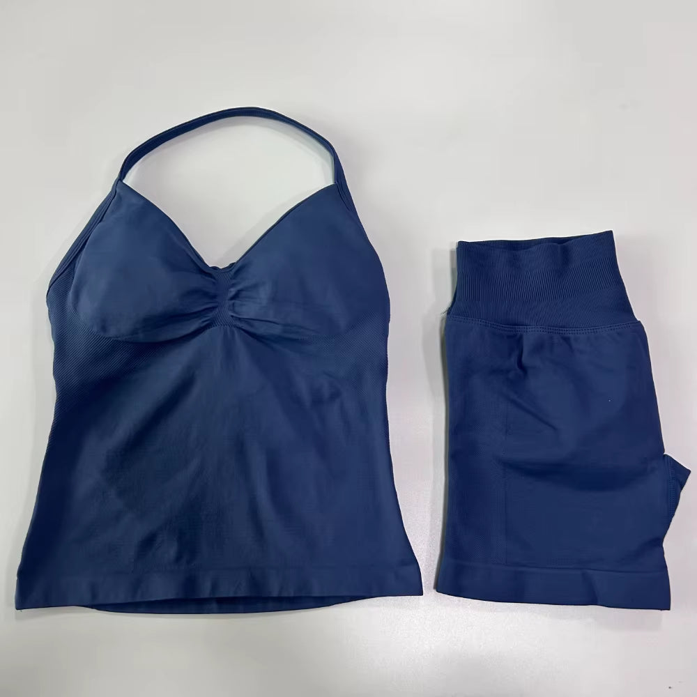 2Pcs Impact Gym Set Women Backless Tank Tops High Waist Scrunch Seamless Shorts Gym Suit Fitness Clothes Activewear Workout Sets