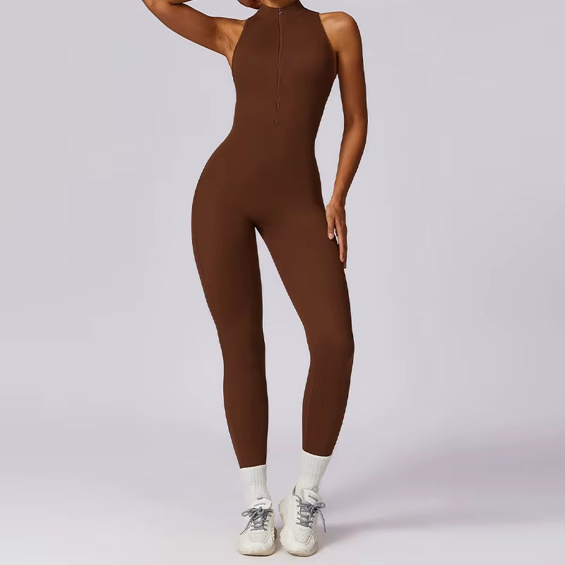 V Back One-Piece Suit Women Sports Jumpsuit Zippers Yoga Rompers Backless Sportswear Women Sleeveles Workout Bodysuits Female