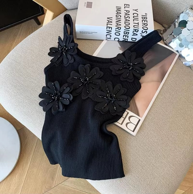 Heavy Industry Sequined Flower Splicing Tank Top Women'S Summer Blouse Outerwear Knitted Sleeveless Top