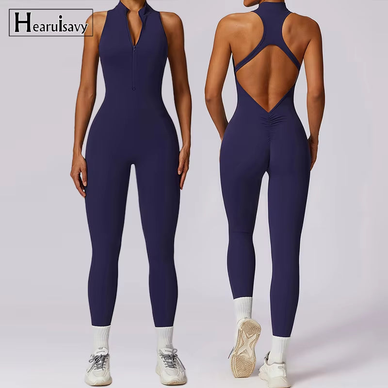V Back One-Piece Suit Women Sports Jumpsuit Zippers Yoga Rompers Backless Sportswear Women Sleeveles Workout Bodysuits Female