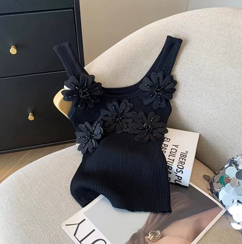 Heavy Industry Sequined Flower Splicing Tank Top Women'S Summer Blouse Outerwear Knitted Sleeveless Top