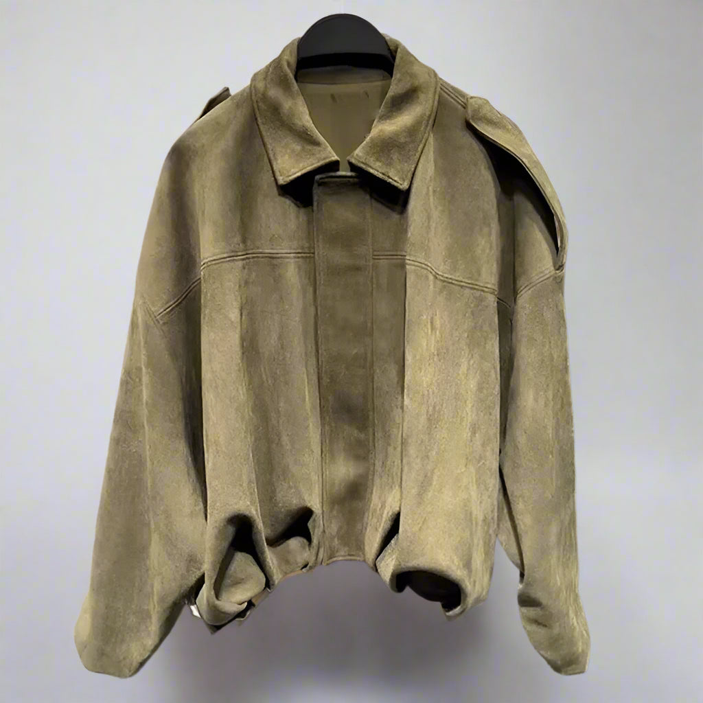 Brown Green Suede Jacket Women Lapel Zipper Long Sleeve Pockets Bomber Coat 2025 Spring Autumn Lady Loose Motorcycle Outwears
