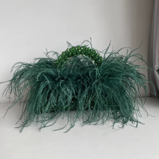 Pearl Bead Bag with Feather Fur Designer Brand Clear Acrylic Crystal Stone Box Tote Handbag Women Handmade Party Purse