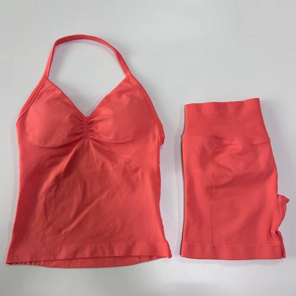 2Pcs Impact Gym Set Women Backless Tank Tops High Waist Scrunch Seamless Shorts Gym Suit Fitness Clothes Activewear Workout Sets