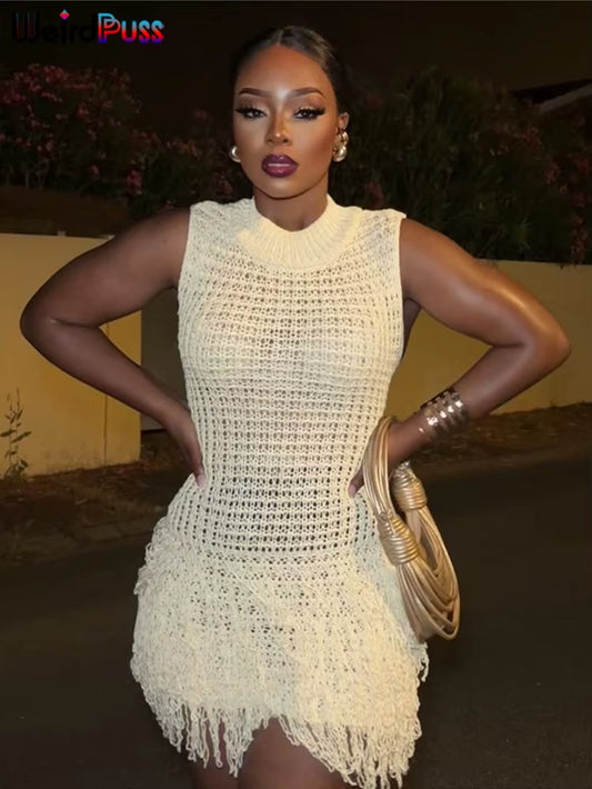 Crochet Dress Women Sexy Chic Y2K Summer Trend Tassel Hem Sleeveless Stretch Fashion Beach Vacation Clubwear Bodycon