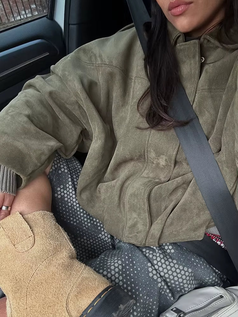 Brown Green Suede Jacket Women Lapel Zipper Long Sleeve Pockets Bomber Coat 2025 Spring Autumn Lady Loose Motorcycle Outwears