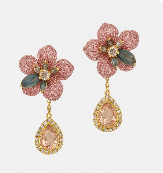 Asymmetric Water Drop Crystal Flower Earrings