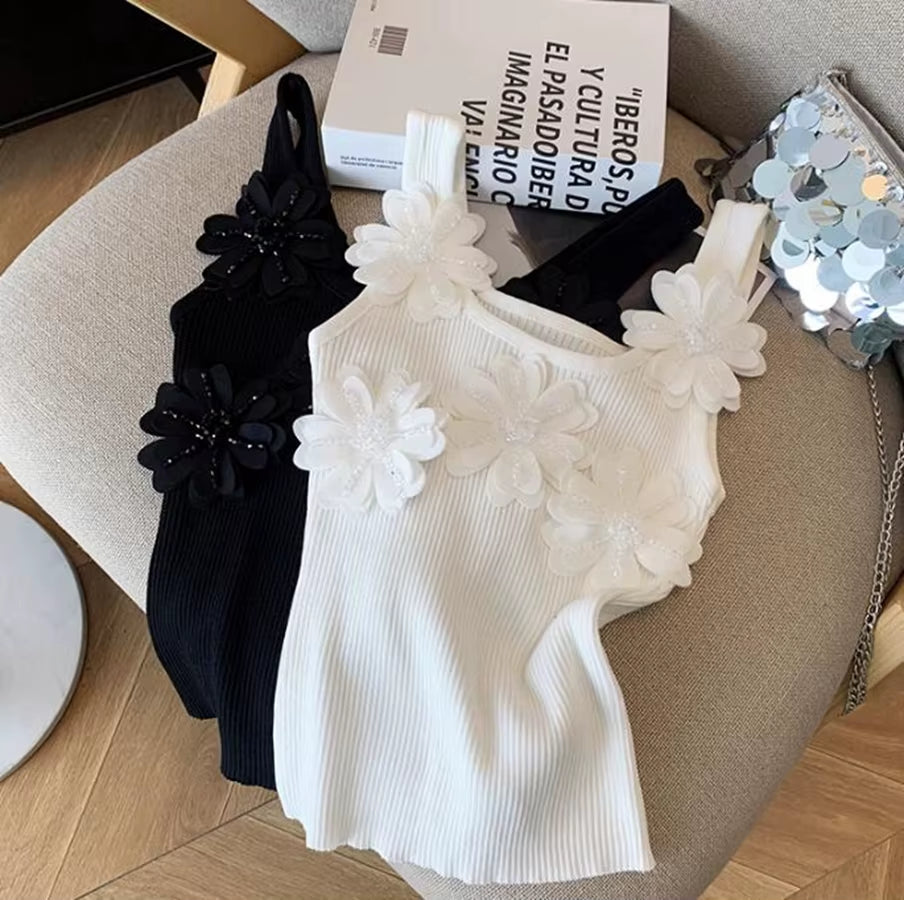 Heavy Industry Sequined Flower Splicing Tank Top Women'S Summer Blouse Outerwear Knitted Sleeveless Top