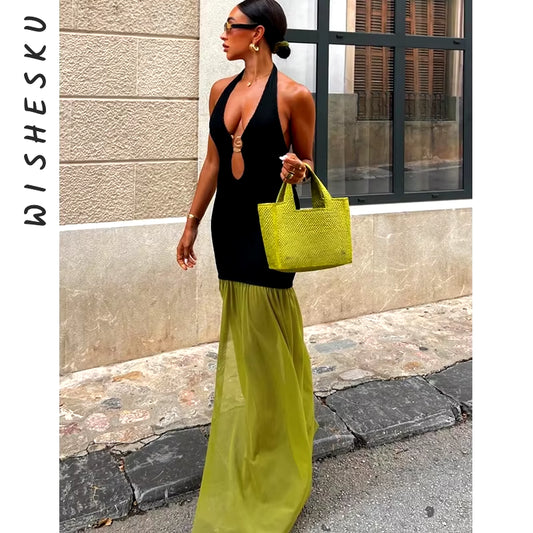 Sexy Halter Backless Cut Out Maxi Dress Women Sleeveless Patchwork Casual Long Party Vestido 2024 Spring Fall Y2K Clothes