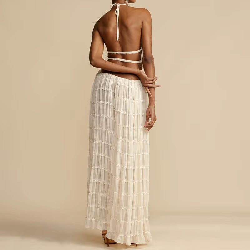 Women Boho Sexy Backless Matching Suit 2 Piece Beach Holiday Outfits Vintage Ruched Halter Cami Tops + Maxi Long Skirt Party