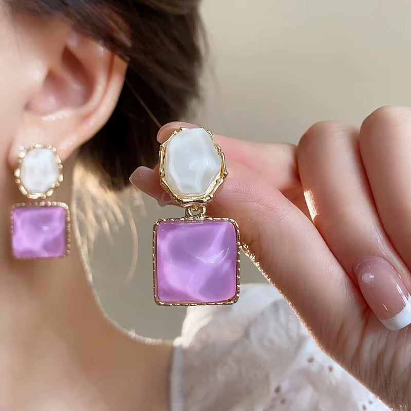 Purple Square Resin Dangle Earrings for Women White Oval Asymmetric Blue Geometry Drop Earrings Party Trendy Personality Jewelry