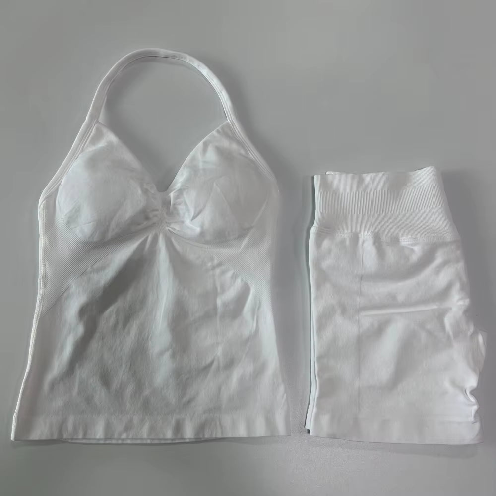 2Pcs Impact Gym Set Women Backless Tank Tops High Waist Scrunch Seamless Shorts Gym Suit Fitness Clothes Activewear Workout Sets