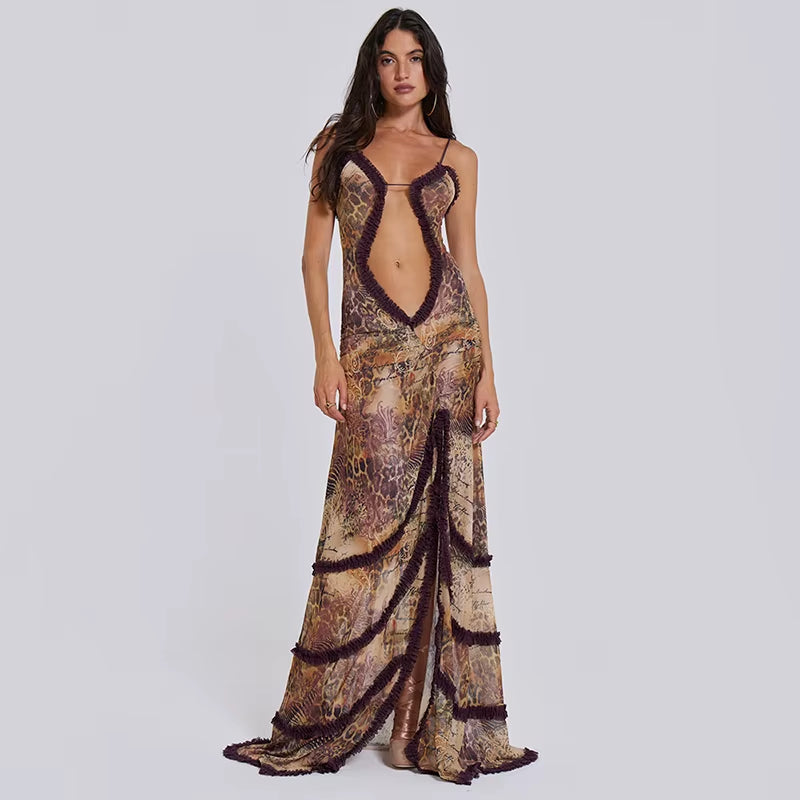 Women Noble Furry Halter Sleeveless Hollow Dress Camisole Shrunk Split Wave Cut Dress Luxury Prom Occasion Evening Gown