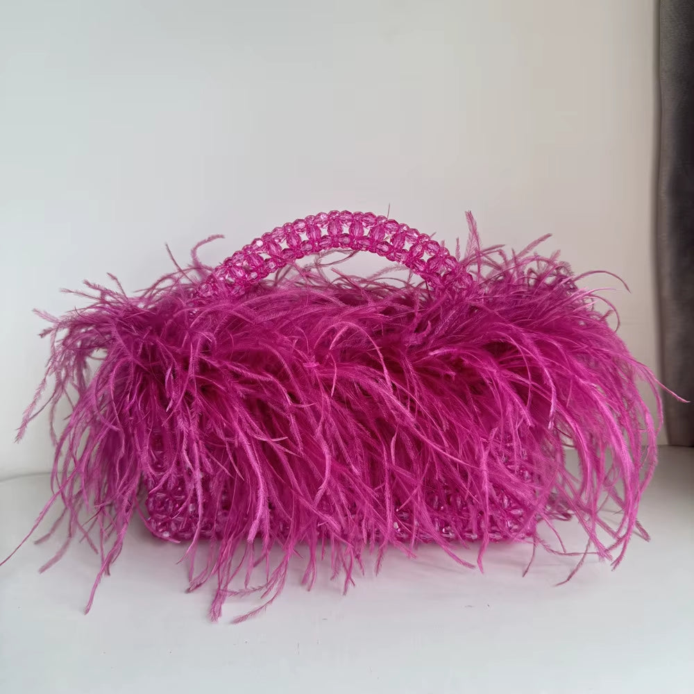 Pearl Bead Bag with Feather Fur Designer Brand Clear Acrylic Crystal Stone Box Tote Handbag Women Handmade Party Purse