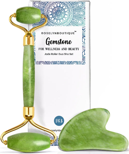 Gua Sha Facial Tools & Face Roller for Wrinkless Natural Skincare Tool Jade Roller Guasha Tool for Face Facial Massager (Green)