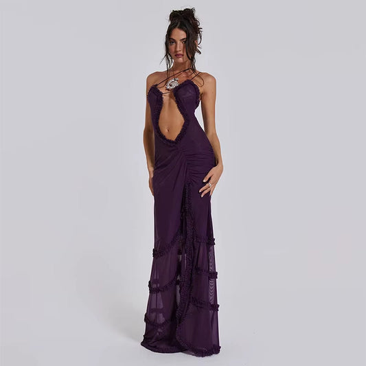 Women Noble Furry Halter Sleeveless Hollow Dress Camisole Shrunk Split Wave Cut Dress Luxury Prom Occasion Evening Gown