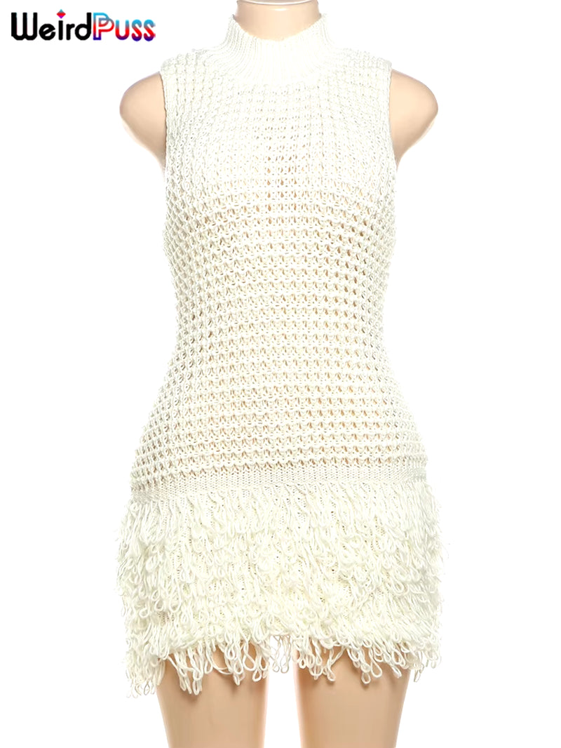 Crochet Dress Women Sexy Chic Y2K Summer Trend Tassel Hem Sleeveless Stretch Fashion Beach Vacation Clubwear Bodycon
