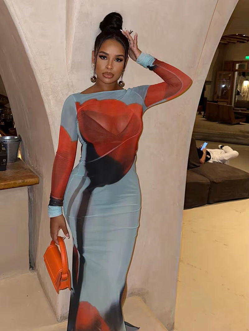 See through Dress Women Rose Print Sexy Mesh Summer Trend Skinny Elastic Long Sleeve Side Split Maxi Bodycon Vestidos