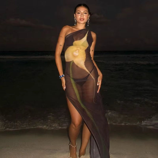 Sexy Sleeveless One Shoulder Printed See through Mesh Dresses for Women 2024 Summer High Slit Slim Beach Holiday Dress