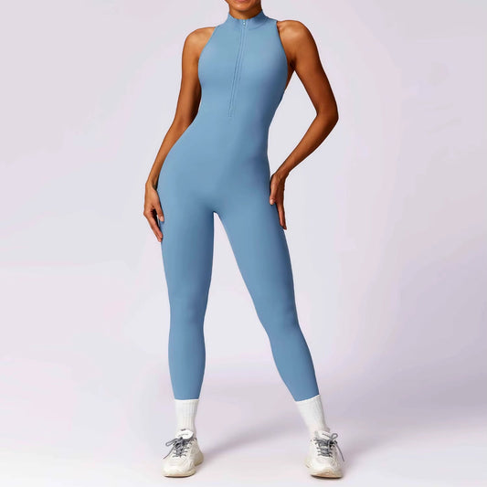 V Back One-Piece Suit Women Sports Jumpsuit Zippers Yoga Rompers Backless Sportswear Women Sleeveles Workout Bodysuits Female