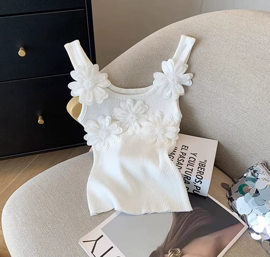 Heavy Industry Sequined Flower Splicing Tank Top Women'S Summer Blouse Outerwear Knitted Sleeveless Top
